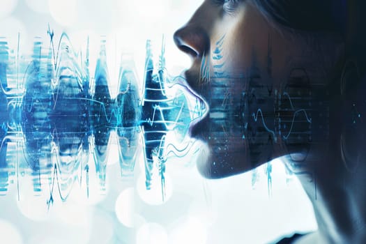 A woman with her mouth open stands in front of a digital background, appearing surprised or amazed by what she sees. The contrast between her expression and the futuristic backdrop creates an intriguing visual tension.