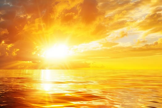 The suns radiance shines intensely over the vast ocean, creating a sparkling reflection on the waters surface. Waves glisten as they crash against the shore under the clear blue sky.