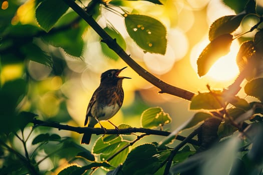 A small bird with colorful feathers is perched on a thin tree branch against the sky. The bird appears alert, possibly looking for food or observing its surroundings.