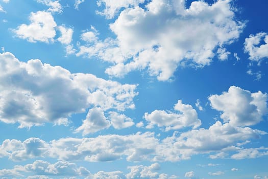 A blue sky dotted with fluffy white clouds hovers over a sandy beach, creating a serene and peaceful atmosphere. The clouds drift lazily as the sun casts a warm glow on the tranquil scene.