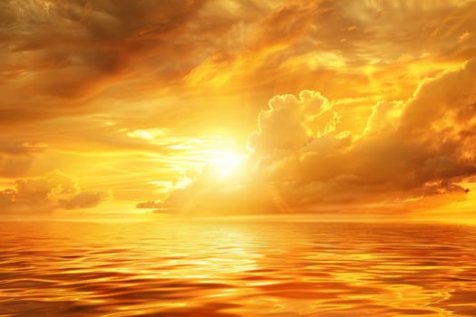 The sun sets elegantly over the vast ocean, casting a warm glow across the water. Wispy clouds fill the sky, adding texture to the scene. The reflection of the sun creates a shimmering pathway on the waters surface.
