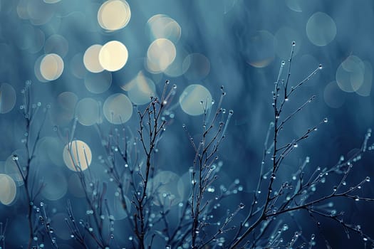 A detailed view of a plant with clearly visible water droplets on its leaves and stem, reflecting light. The droplets seem to have formed naturally, likely from rain or condensation, adding a refreshing element to the plants appearance.