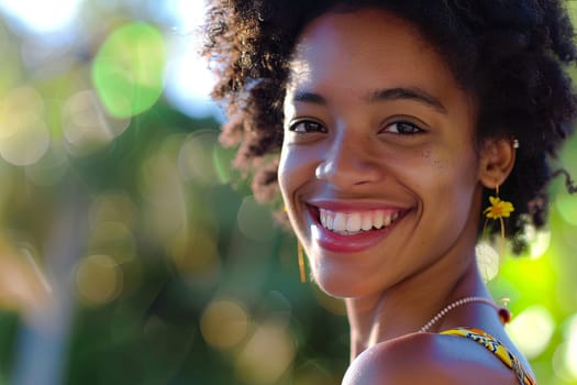 A detailed view of a persons face with a genuine smile, expressing happiness and joy. The persons eyes are bright, and their mouth forms a warm grin. The background is blurred, emphasizing the focus on the individuals positive expression.