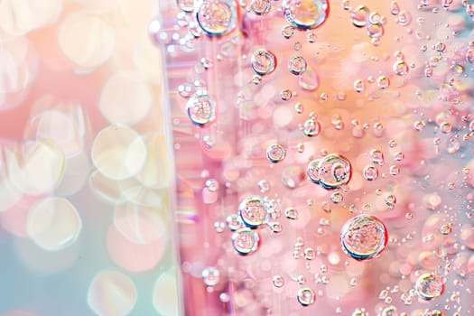 A detailed view of numerous water droplets clinging to a window surface, reflecting light and distorting the view outside. The droplets vary in size, creating an intriguing pattern against the glass.