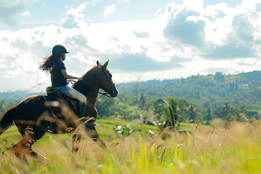 A woman is riding on the back of a brown horse. She grips the reins and sits confidently as the horse trots along a dirt path. The sun shines brightly overhead, casting shadows on the ground.
