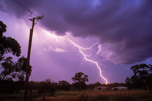 A dramatic scene unfolds as a powerful lightning storm strikes over a remote rural landscape. The sky is illuminated by flashes of lightning as dark clouds loom overhead, casting an eerie glow over the countryside.