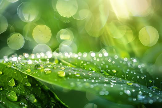 A close-up view of a vibrant green leaf covered in glistening water droplets, reflecting light and showcasing its intricate veins. The drops appear like tiny jewels enhancing the texture of the leaf.