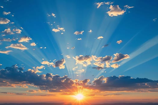 The suns rays break through a layer of fluffy white clouds in the bright blue sky, creating a stunning natural phenomenon that illuminates the atmosphere.