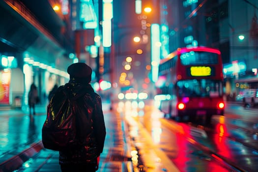 A person is seen standing on a bustling city street at night. The individual is surrounded by tall buildings, glowing streetlights, and passing vehicles, creating a dynamic urban atmosphere.