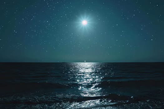 A bright moon casts its glow over the dark ocean, illuminating the water with a soft silver light. The waves gently ripple under the moons serene gaze, creating a tranquil scene.