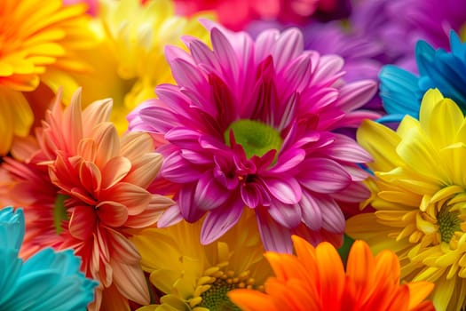 A close-up view of a bunch of colorful flowers, showcasing their varied hues and intricate details. The petals are vivid and rich in color, creating a stunning visual display.