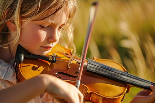 A young girl is standing outside, playing the violin. She is focused on her music, with the violin held against her shoulder and the bow in hand.