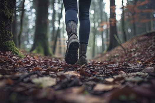 A person is walking through a dense forest, with fallen leaves covering the ground. The individuals figure is surrounded by tall trees and sunlight peeking through the foliage.