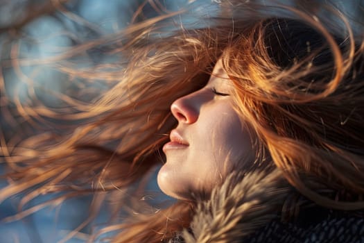 A woman stands with her hair blowing in the wind, strands lifting and dancing around her face. Her expression is focused as she gazes ahead, the movement of her hair capturing a moment of dynamic energy and movement.