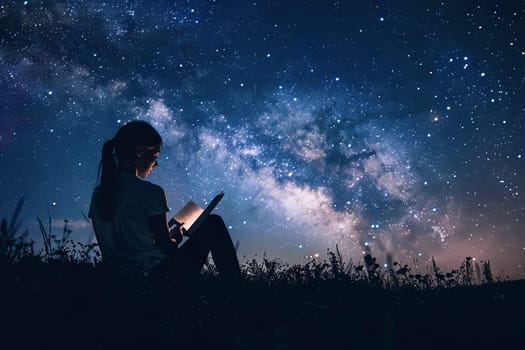 A woman is seated on a hill, reading a book under a starry sky. She appears relaxed and engaged in her book, surrounded by the quiet beauty of the night.