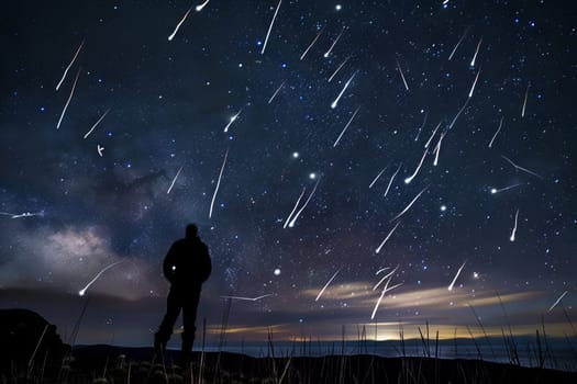 A man stands confidently atop a hill, gazing up at the star-filled night sky. The stars twinkle overhead, casting a soft glow on the landscape below.
