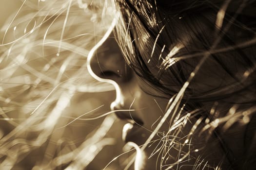 A woman standing outdoors with long hair flowing in the wind. Her hair is being tousled and swept back by the breeze as she looks into the distance.