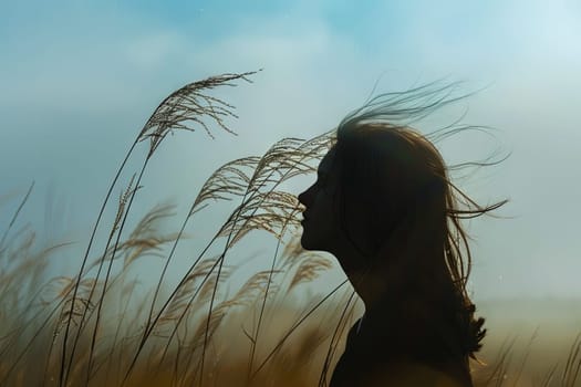 A woman is standing upright in a field of tall grass. The grass surrounds her, reaching past her waist. She appears to be gazing around her surroundings, blending in with the natural environment.