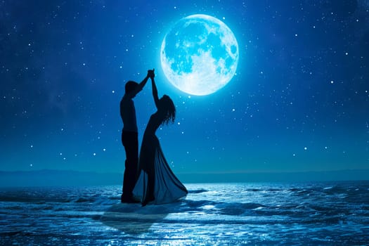 A man and a woman are dancing together on the beach at night, illuminated by the full moon. The couple moves gracefully to music, their silhouettes reflected in the calm ocean waters.