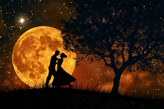 A man and a woman are standing together under a tree with a full moon shining brightly in the sky. They appear to be looking up at the moon in a peaceful moment.