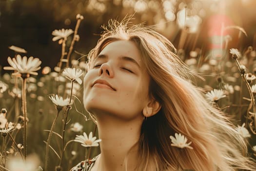 A woman is standing among a vast field of white and yellow daisies under a clear blue sky. She is dressed in casual clothing and appears to be admiring the flowers around her.