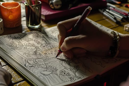 A person is seen writing on a notebook with a pen. The individuals hand holds the pen, creating words on the paper. The notebook displays lines indicating it is for writing.