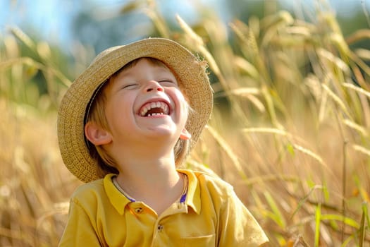 A young boy joyfully laughs as he stands in a field surrounded by tall green grass. The sun shines overhead, casting a warm glow on the scene.