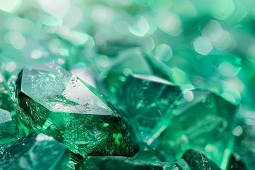 This close-up view showcases vibrant green crystals with intricate structures, reflecting light beautifully. The crystals are sharp and angular, giving a sense of texture and depth, creating a stunning composition.