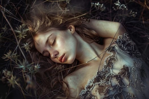 A woman lies asleep in a lush field of colorful flowers, surrounded by natures beauty. The woman appears peaceful as she rests amongst the vibrant blooms, embracing the tranquility of the natural setting.