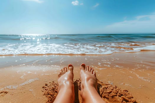 A persons bare feet, covered in sand, are visible as they stick out from a mound of beach sand. The person appears to be lying down or buried partially in the sand, enjoying the warmth of the beach.