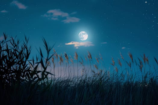 A full moon shines brightly in the night sky, casting a soft glow over the landscape below. The stars twinkle around it, creating a mesmerizing celestial view.