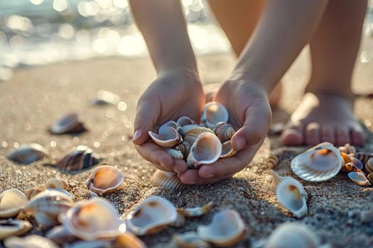A close-up view of a persons hands carefully holding various shells they collected on a sandy beach. The person is examining the different shapes and textures of the shells against the backdrop of the shoreline.