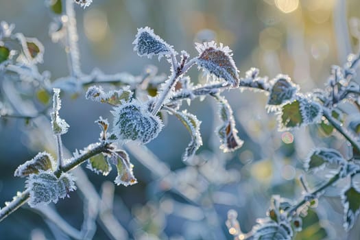 A tree branch covered in frost, showcasing vibrant green leaves and delicate buds emerging in the cold. The frost gives a glistening appearance to the branch, creating a beautiful winter scene.