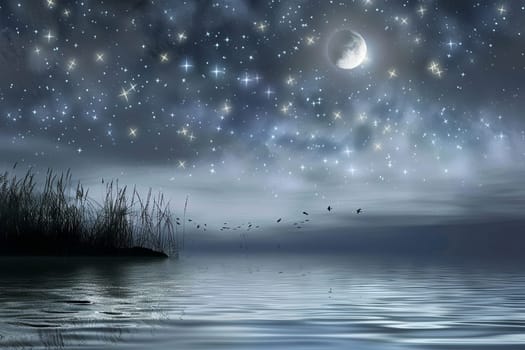 A painting depicting a night sky filled with twinkling stars and a large, luminous moon. The stars are scattered across the dark sky, shining brightly alongside the glowing moon.