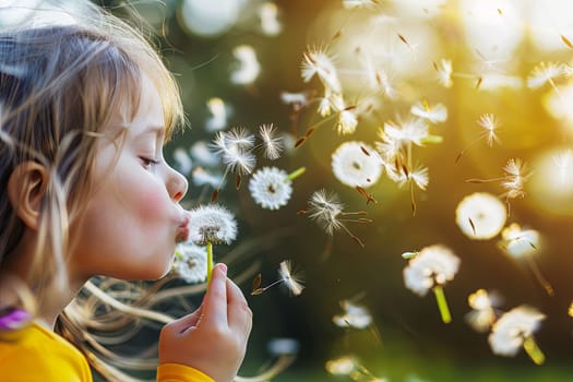 A young female child is holding a dandelion flower in her hands and blowing on it gently. The dandelion seeds are floating away in the air as she blows on the flower.