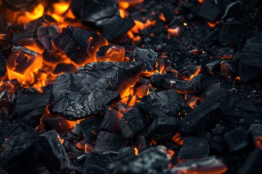 This close-up shot shows a large heap of coal, displaying its dark, dusty texture. The coal pieces are tightly packed together, showcasing the raw material used for energy production.