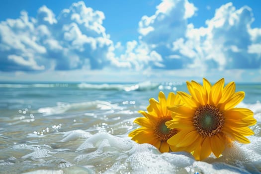 Two sunflowers are seen sitting in the surf on a beautiful sunny day at the beach. The bright yellow petals contrast against the blue water as they are gently swayed by the waves.