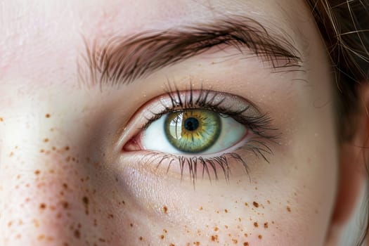 A detailed view of a persons face, showcasing prominent freckles clustered around their eyes. The individuals unique features are highlighted, providing a close look at the freckles located near their eye area.