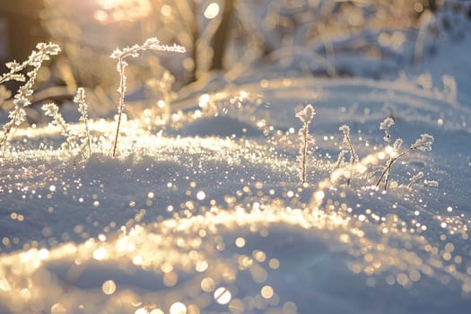 This close-up shot depicts blades of grass covered in a blanket of snow. The snow has settled on the thin green stems, creating a stark contrast between the white and green colors. Each individual blade is visible, showcasing the delicate and intricate details of the grass stalks covered in snow.