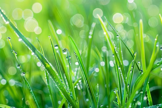 A detailed view of green grass blades featuring delicate water droplets on their surface. The droplets glisten in the sunlight, adding texture and interest to the grass.