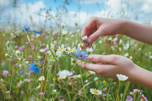 Two hands, belonging to individuals unseen, stretch out towards a single vibrant flower in a vast field. The hands are delicately poised, fingers extended in a bid to gently touch the delicate petals of the flower.