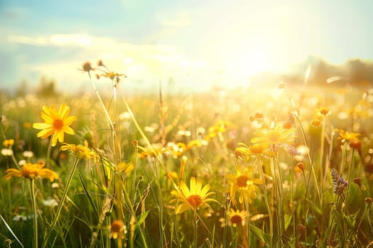 A field is filled with vibrant yellow flowers, their petals reaching towards the sun as it sets in the background. The scene is bathed in a warm golden light, creating a picturesque view of nature in bloom.