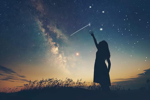 A woman with outstretched arms reaching towards the stars in the night sky, symbolizing aspiration and wonder. She stands against a dark backdrop of twinkling stars.