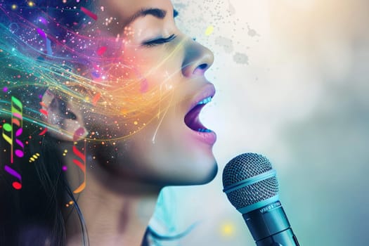 A woman is standing on a stage, singing passionately into a microphone. Around her, musical notes float in the air, adding a dynamic element to her performance. The singers expression is focused and expressive as she delivers her song with emotion and intensity.