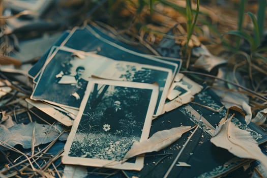 A collection of aged pictures spread out on the floor, depicting various moments frozen in time. The photographs are worn and faded, showing glimpses of history and memories captured in each frame.