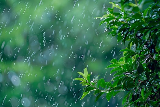 Raindrops are falling on a lush green tree, nourishing its leaves and branches. The tree stands tall amidst the falling rain, with droplets creating a soothing pattern as they hit the foliage.