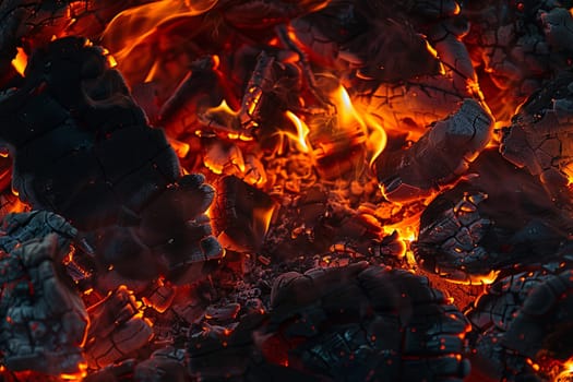 The image shows a close-up view of a fiery hot coal burning fiercely. The red and orange flames dance around the glowing coals, emitting heat and light.