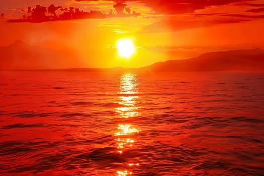 The sun is setting over the ocean, casting a warm orange glow on the water. A small boat is visible in the distance, floating peacefully on the calm waves.