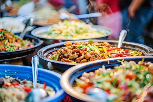 Close up view of a table covered with numerous plates of various food items like pasta, salad, meats, and vegetables. Each plate is meticulously arranged and showcases a range of flavors and textures.
