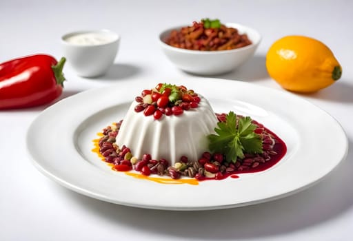 AI generated chile en nogada, mexican food on a white plate surrounded by the ingredients